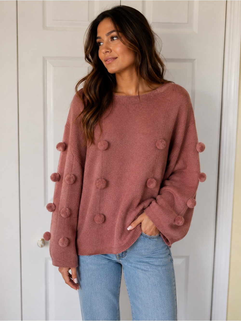 Nancy Yang New York Women’s Large Pink Pom Pom Knit Sweater Fall Winter NWT